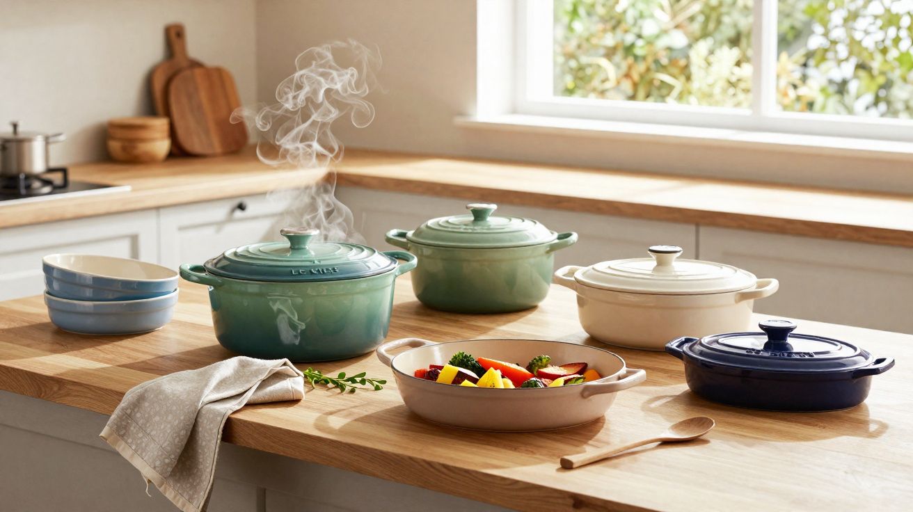 Panelas de ferro fundido com tampa e refratárias com legumes numa bancada de cozinha iluminada pela janela.