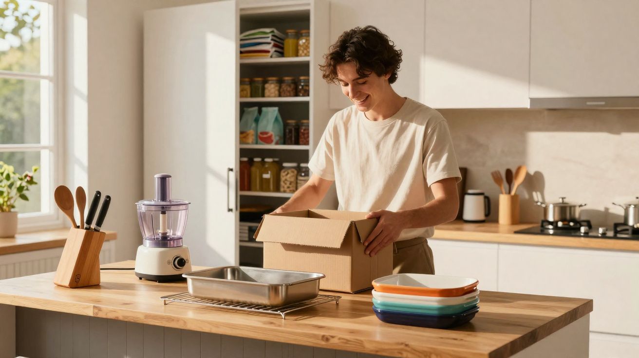 Homem jovem desembrulha caixa na cozinha moderna com utensílios e eletrodomésticos sobre a bancada.