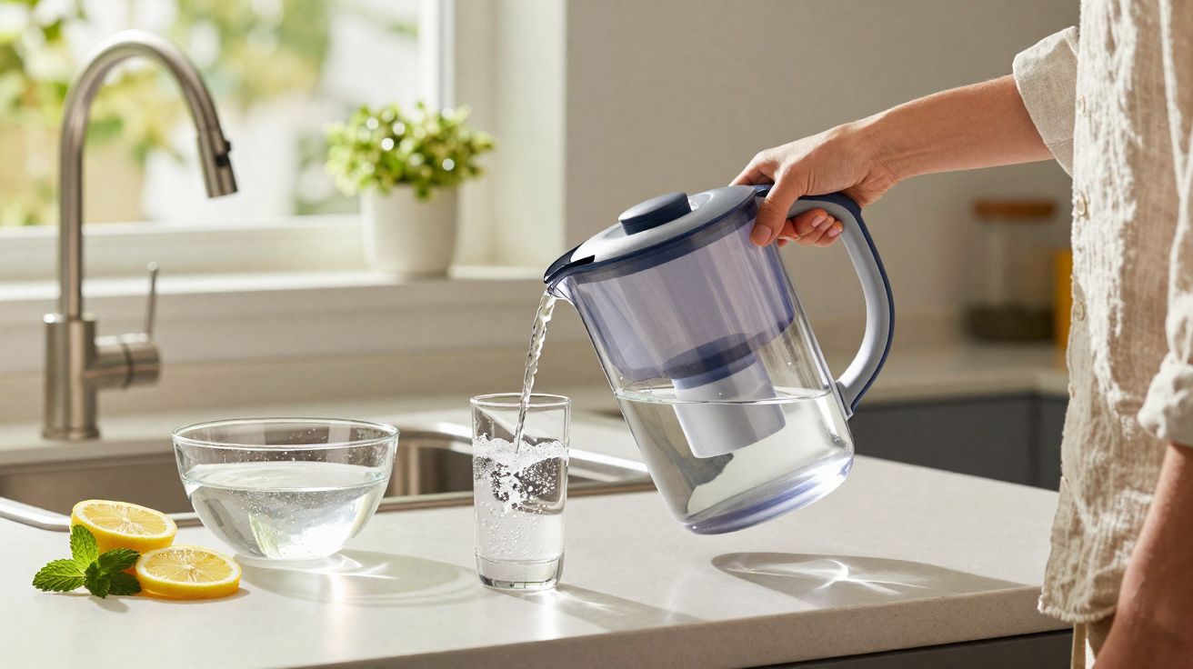 Pessoa a servir água filtrada numa jarra para um copo sobre bancada de cozinha com limões e hortelã.