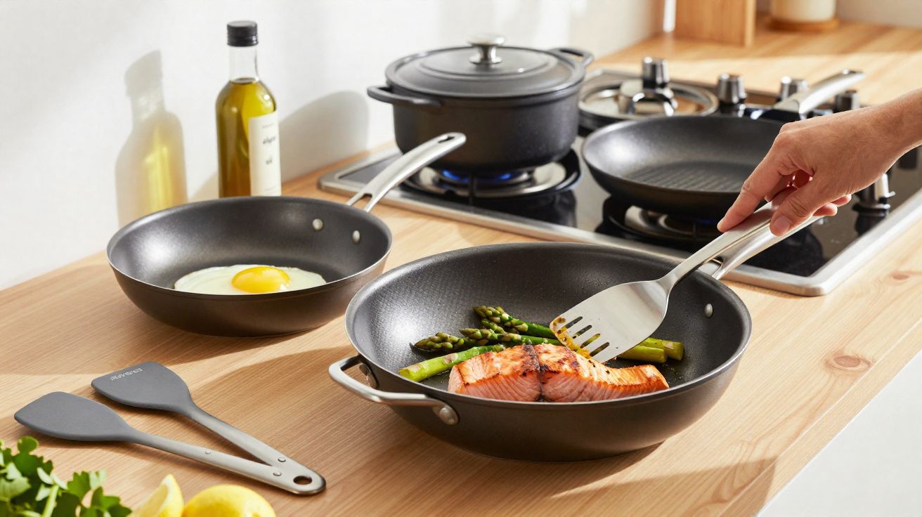 Frango e espargos a serem cozinhados numa frigideira, com um ovo estrelado noutra frigideira na bancada da cozinha.