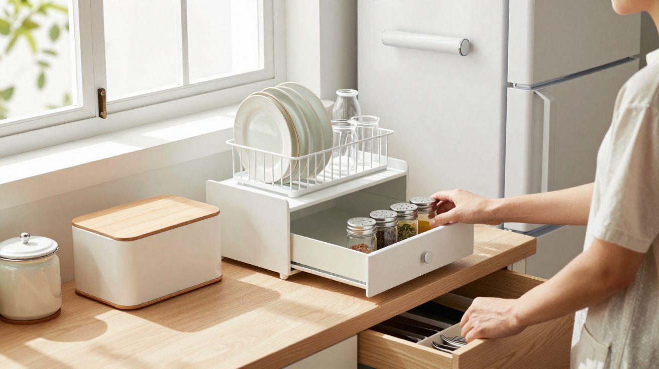 Pessoa a organizar especiarias em frascos numa cozinha clara com balcão de madeira e utensílios de cozinha.