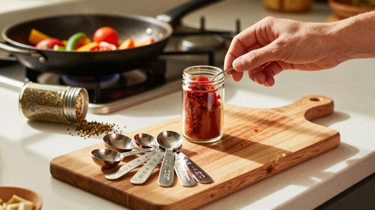 Mão com colher a retirar pimentos vermelhos em conserva de frasco sobre tábua de madeira junto a tachos com legumes.