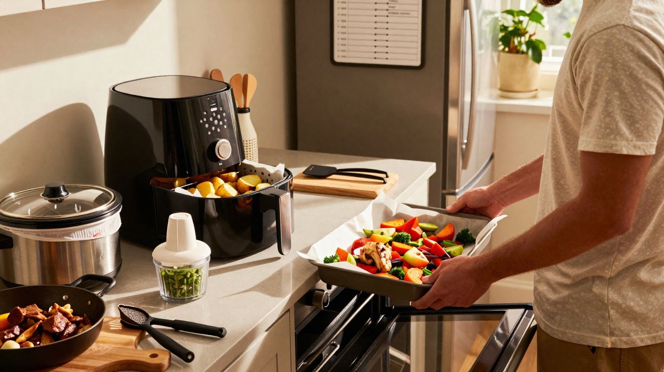 Homem a cozinhar legumes e batatas numa cozinha moderna com fritadeira de ar e forno elétrico aberto.