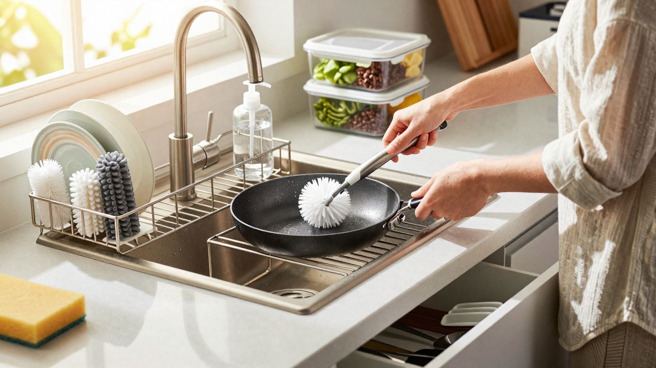 Pessoa a lavar uma frigideira preta com escova de limpeza numa cozinha iluminada por luz natural.