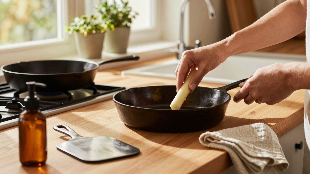 Pessoa a esfregar uma frigideira com um pedaço de manteiga numa cozinha iluminada.