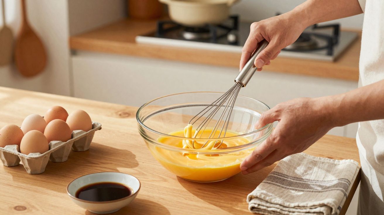 Pessoa a mexer ovos numa taça de vidro numa cozinha com ovos e molho num prato ao lado.