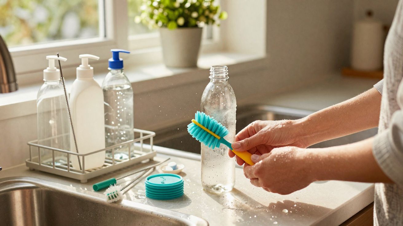 Pessoa a lavar uma garrafa de plástico transparente junto a uma pia de cozinha iluminada pela luz natural.