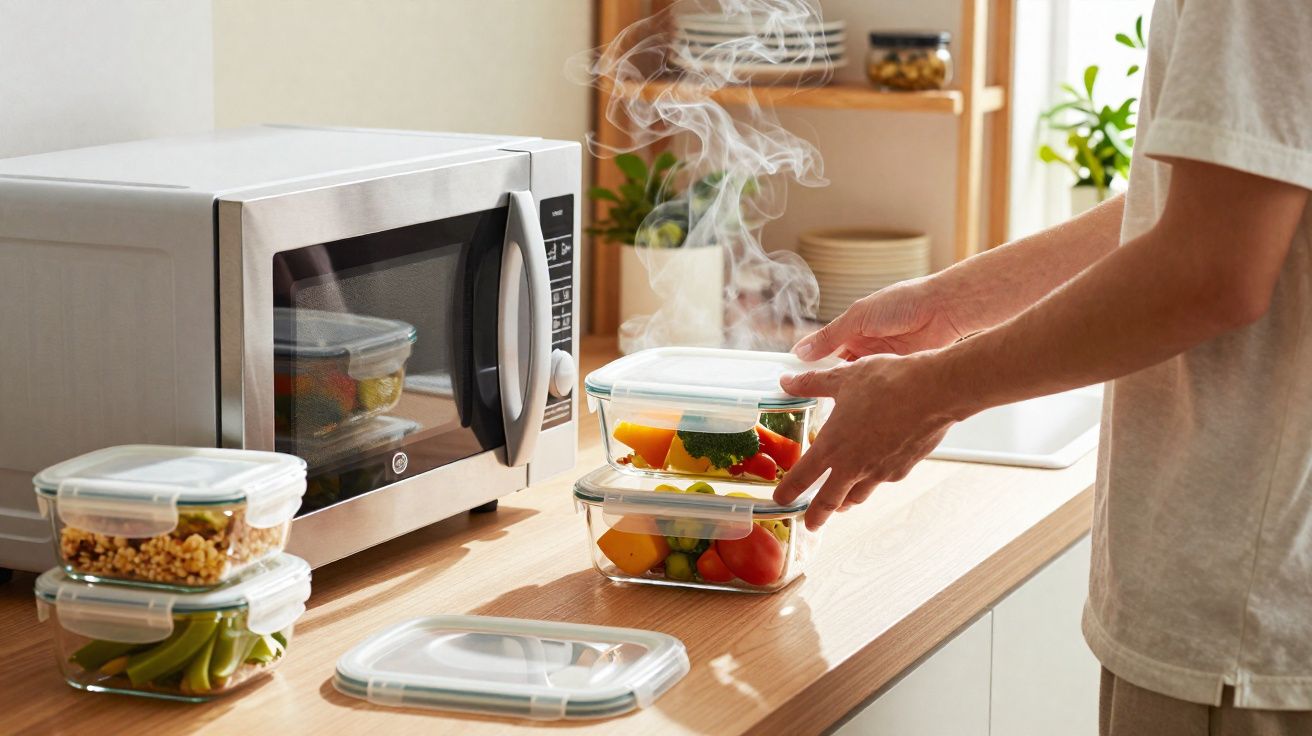 Pessoa a retirar recipientes de vidro com vegetais quentes do micro-ondas numa cozinha moderna.