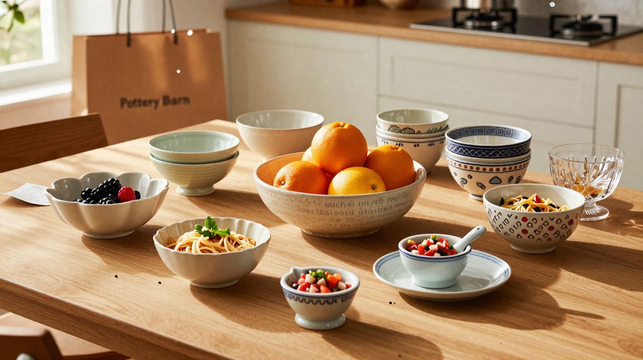 Mesa de madeira com várias tigelas, incluindo frutas, massas e saladas, em cozinha iluminada.