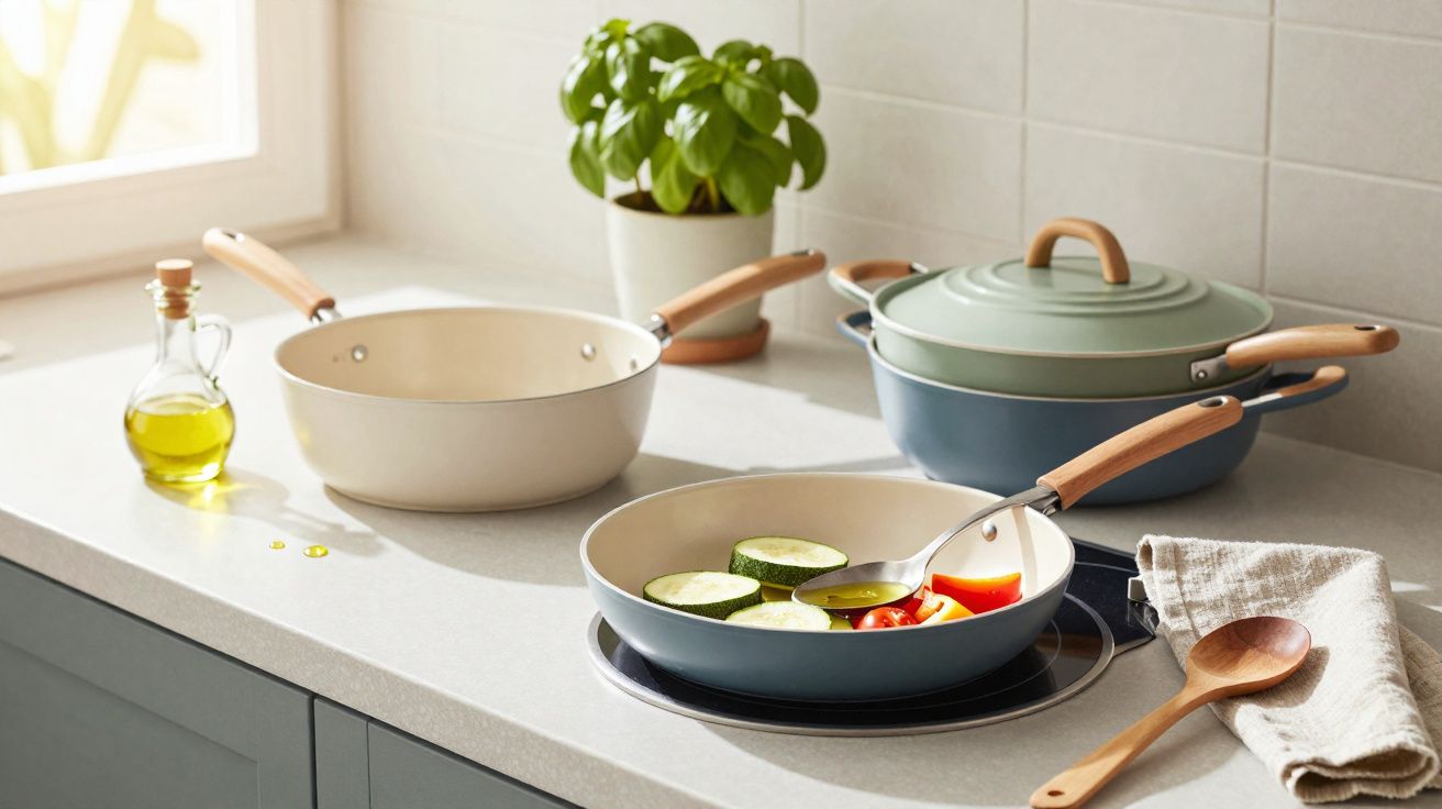 Conjunto de panelas com cabo em madeira numa bancada de cozinha com azeite, manjericão e legumes a cozinhar.