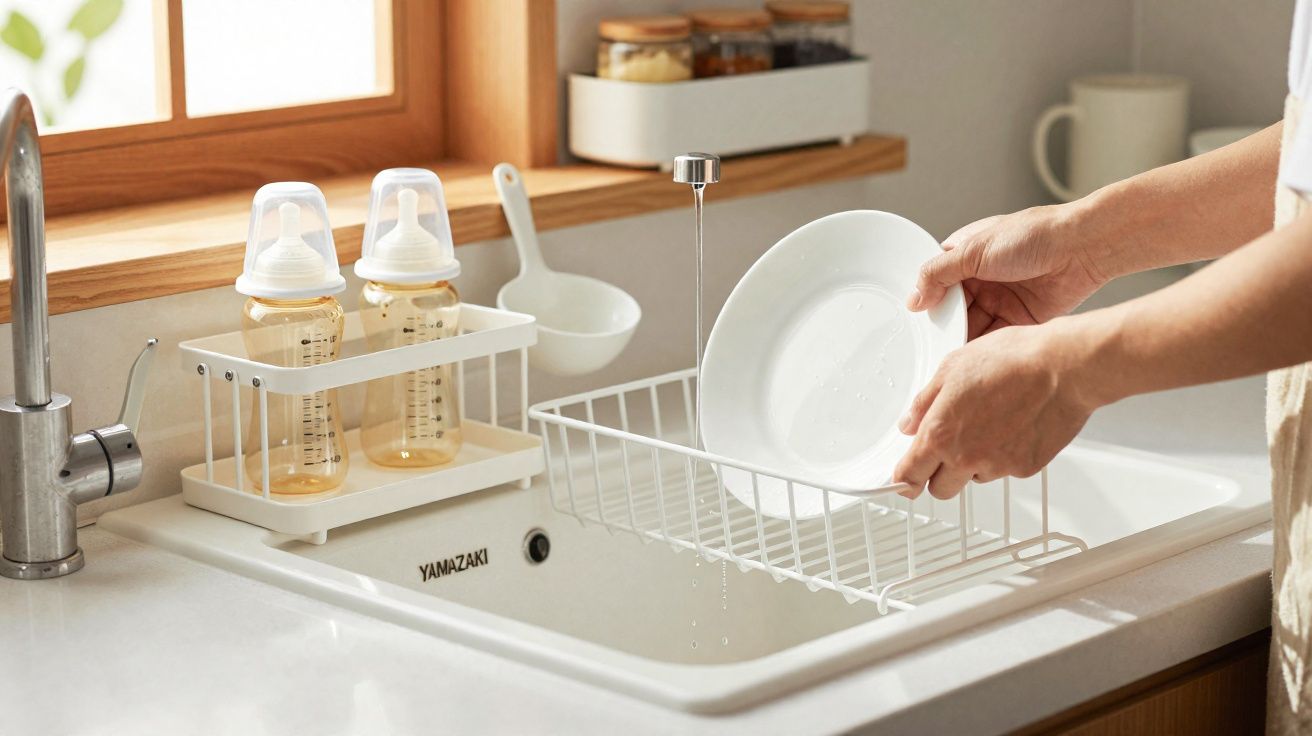 Pessoa a secar um prato branco numa bancada de cozinha com biberões e acessórios ao lado.