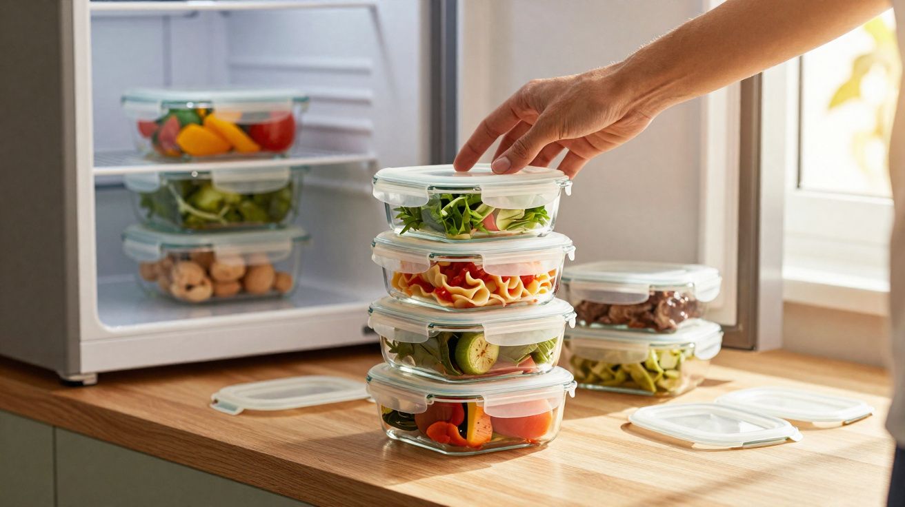 Mão a retirar recipiente com salada de vidro da banca, ao lado de mini frigorífico aberto e outros recipientes de alimentos.