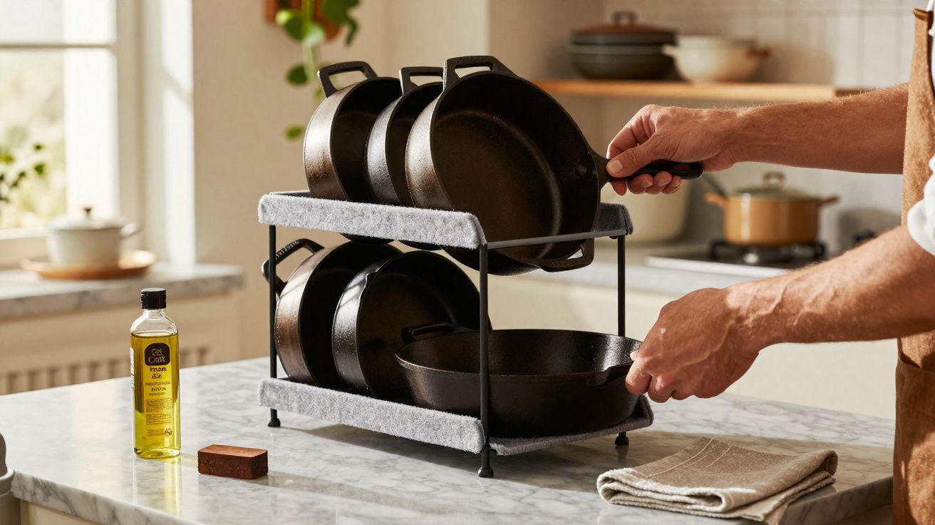 Mãos a guardar frigideiras de ferro fundido num suporte duplo na bancada de uma cozinha.