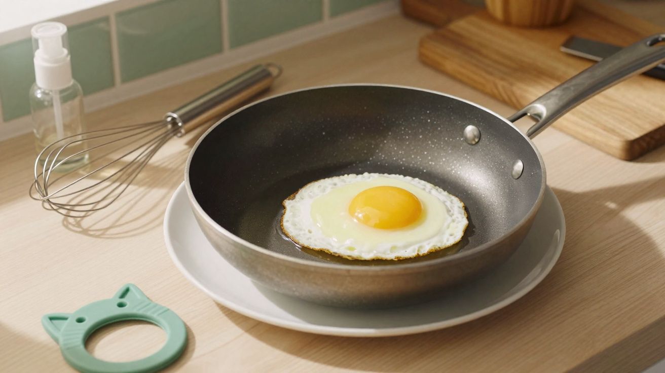 Ovo estrelado a cozinhar numa frigideira preta sobre prato branco numa bancada de cozinha em madeira.