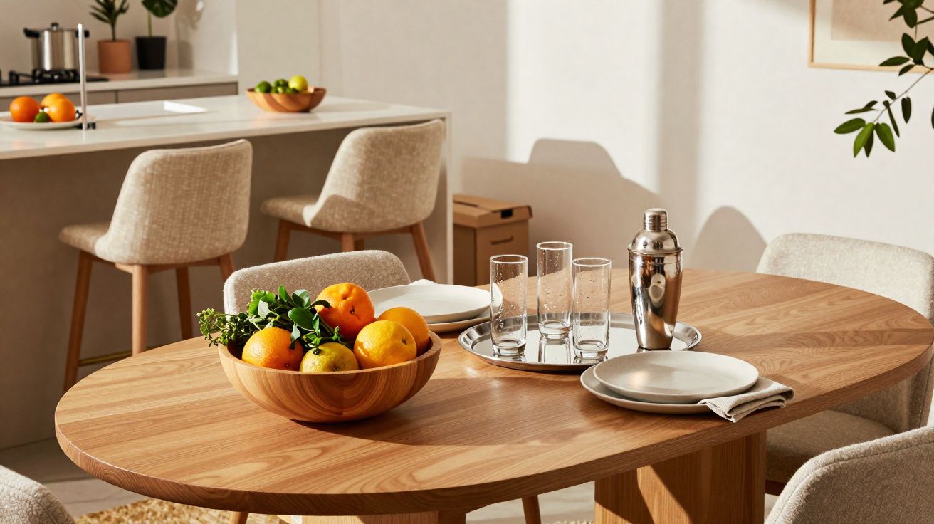 Mesa de jantar oval em madeira com fruteira, copos e shaker, rodeada por cadeiras estofadas claras.