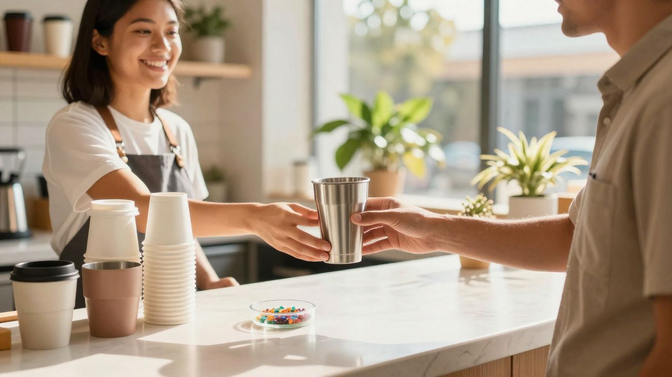 Funcionária a sorrir a entregar café num copo metálico a cliente num café bem iluminado.