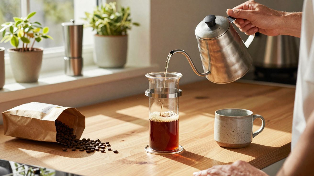 Pessoa a verter água quente de jarro metálico para cafeteira de vidro numa cozinha iluminada pelo sol.