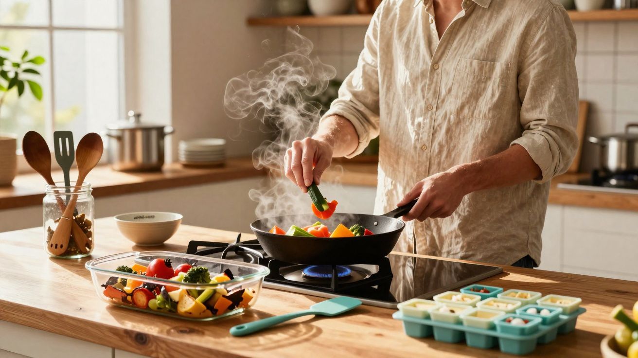 Pessoa a cozinhar legumes frescos numa frigideira numa cozinha iluminada, com utensílios e ingredientes à volta.