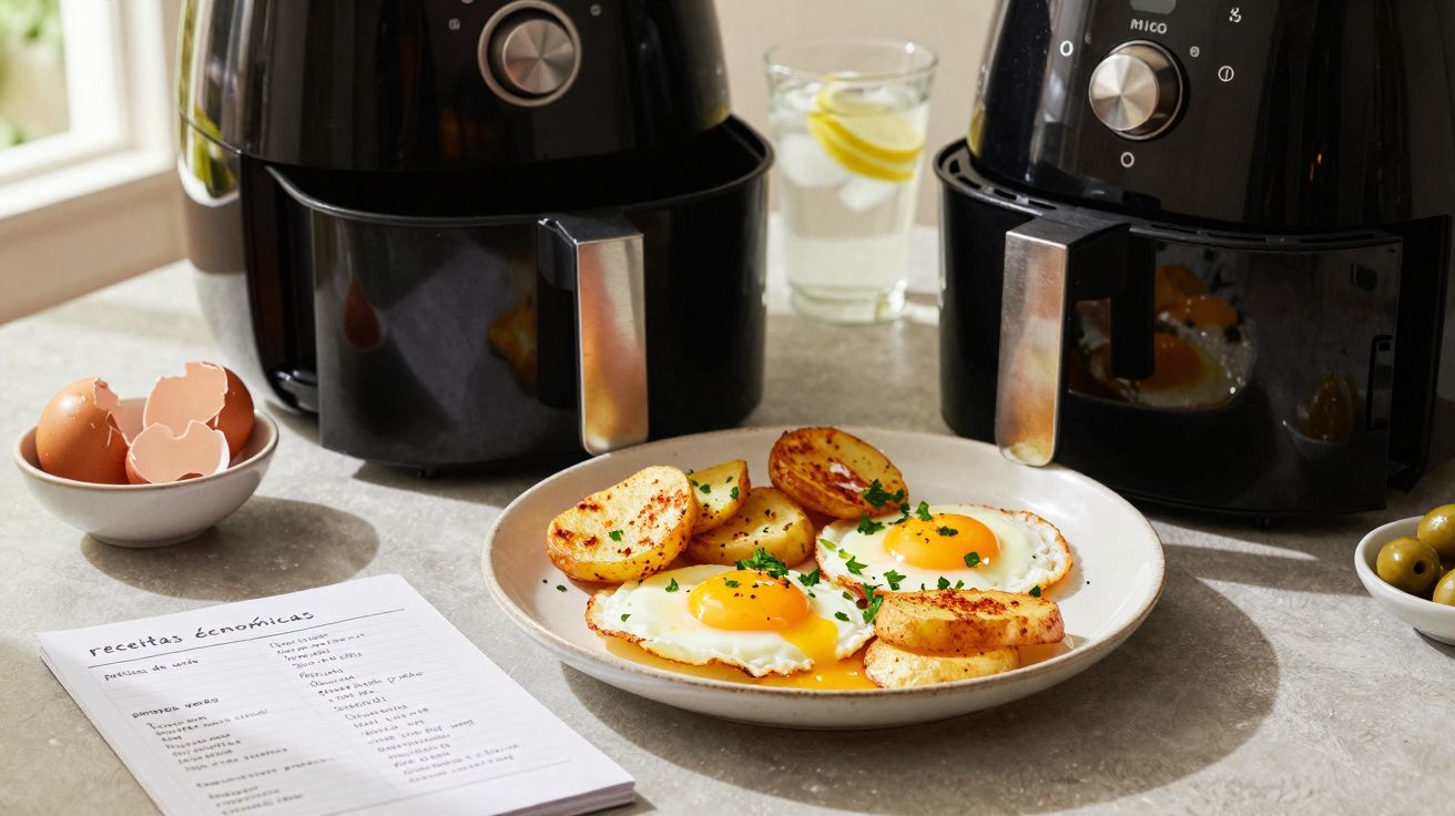 Dois ovos estrelados e batatas fritas temperadas num prato branco entre duas fritadeiras sem óleo numa bancada de cozinha.