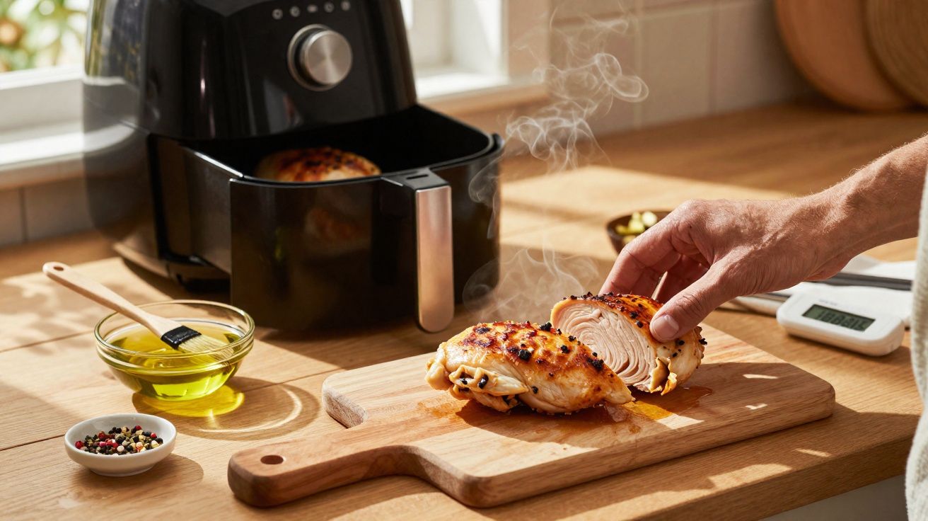 Peito de frango fumegante cortado ao meio numa tábua de madeira, ao lado de uma air fryer preta aberta.