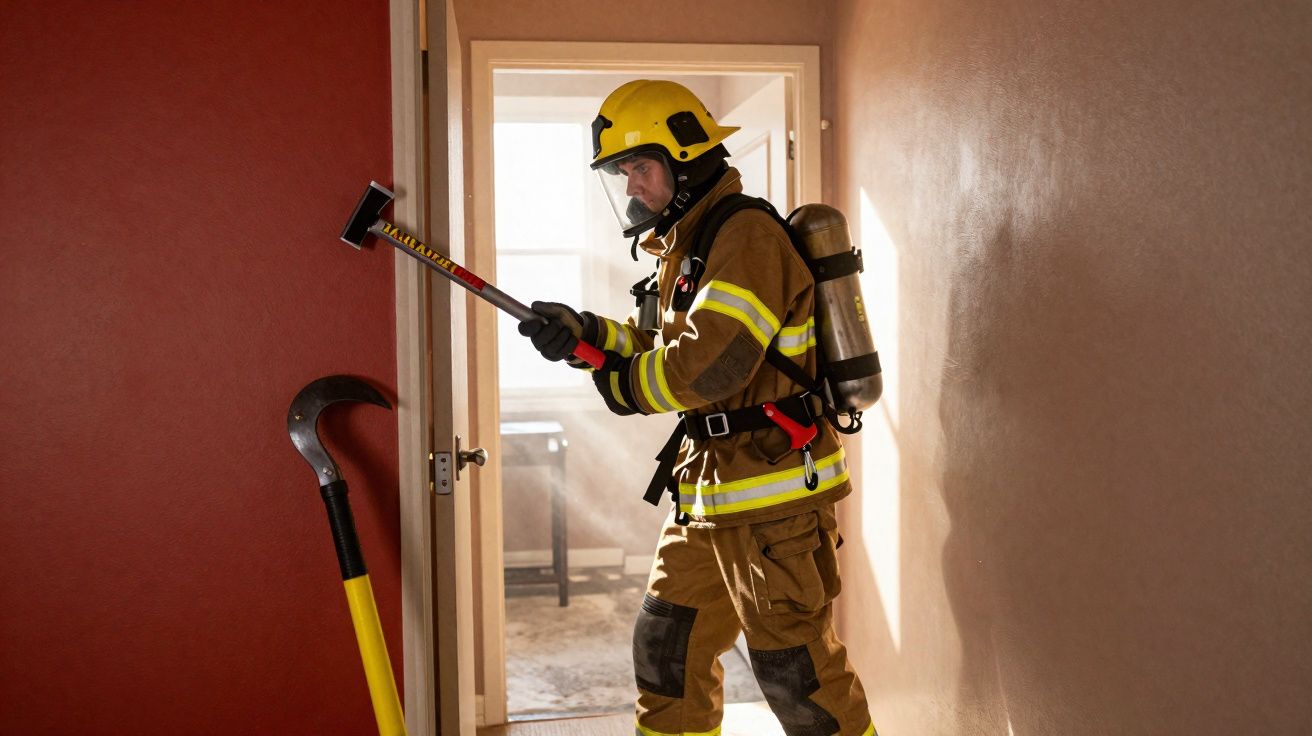 Bombeiro em equipamento completo a abrir uma porta com ferramenta em casa com fumo visível.