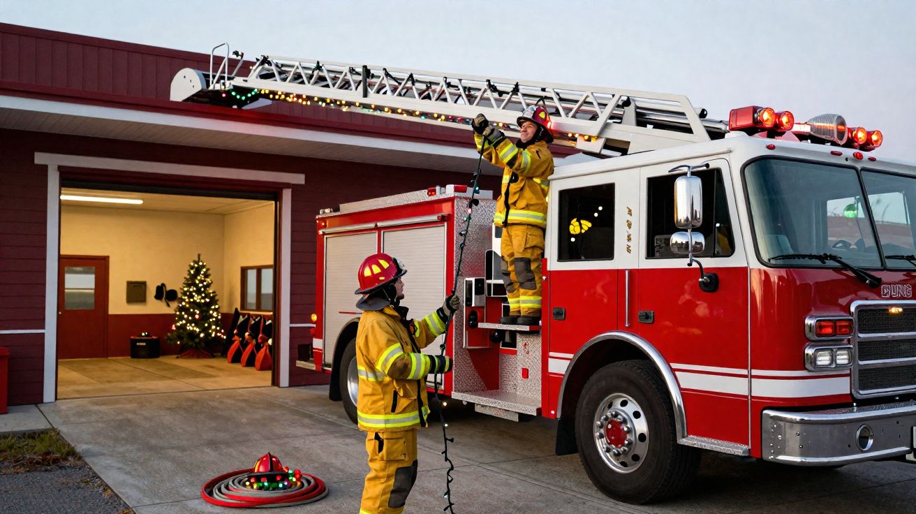 Bombeiros em uniforme preparam um camião de incêndio com uma escada durante o crepúsculo junto a uma garagem decorada com uma