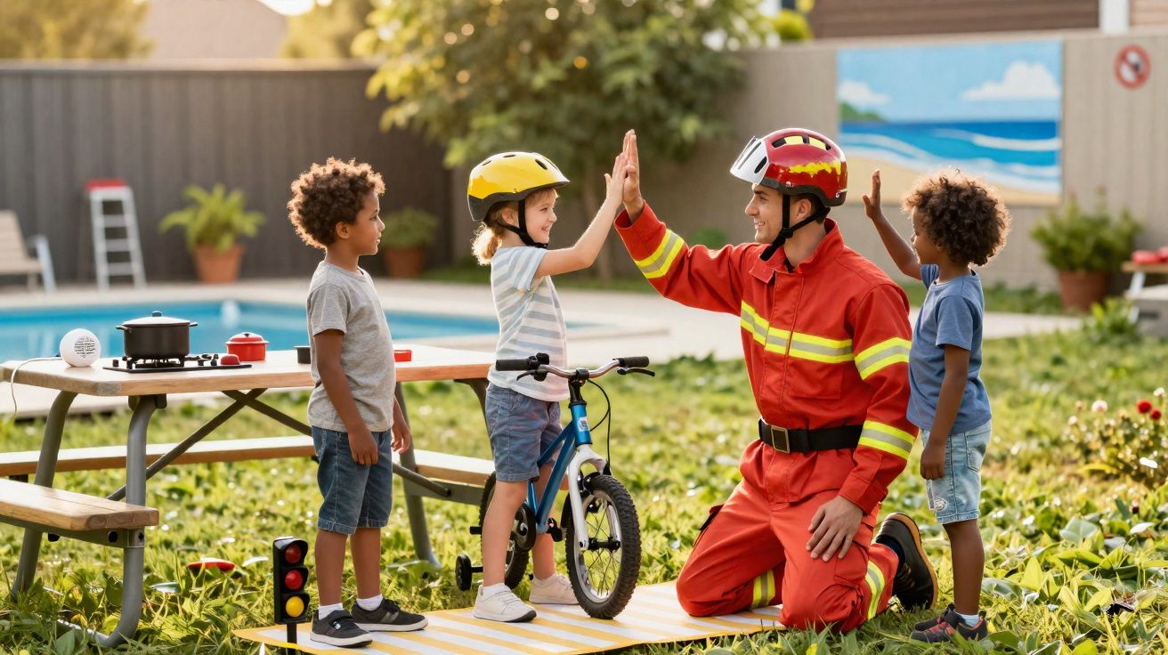 Bombeiro em uniforme vermelho a dar high five a crianças num jardim com bicicleta e sinais de trânsito.