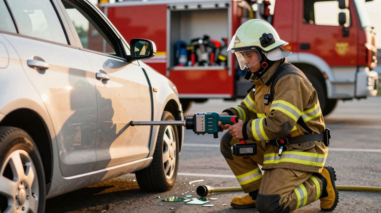 Bombeiro em farda usando ferramenta para abrir porta de carro prateado, com camião de bombeiros ao fundo.