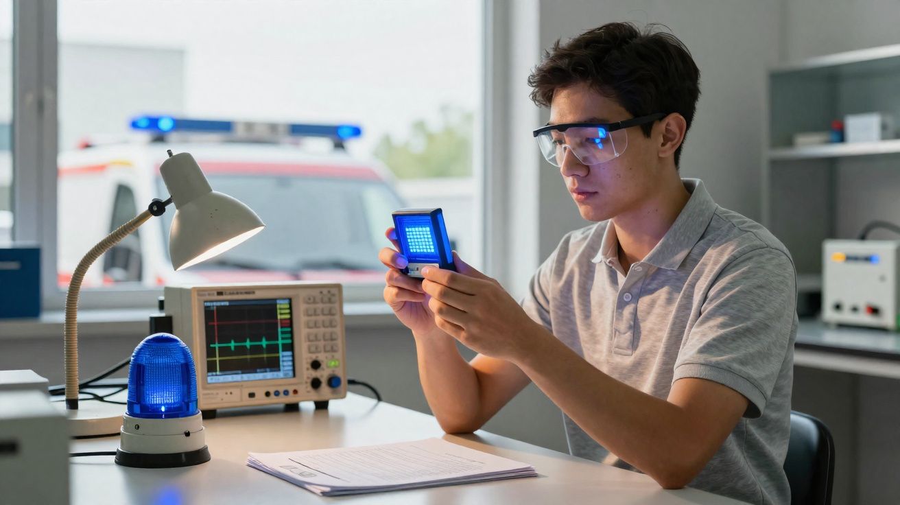 Jovem com óculos de proteção analisa dispositivo luminoso, com equipamento eletrônico e ambulância ao fundo.