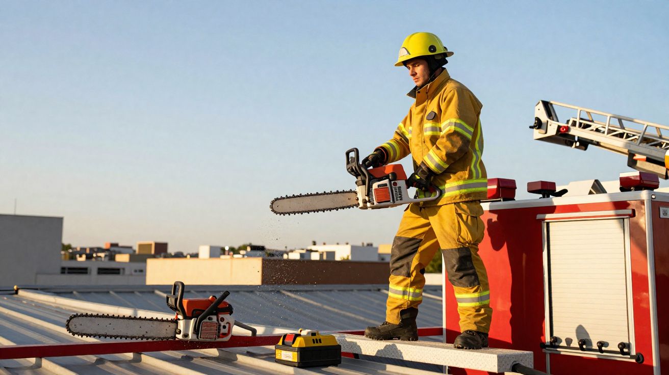 Bombeiro com equipamento de proteção a manusear uma motosserra em cima de telhado junto a um camião de bombeiros.