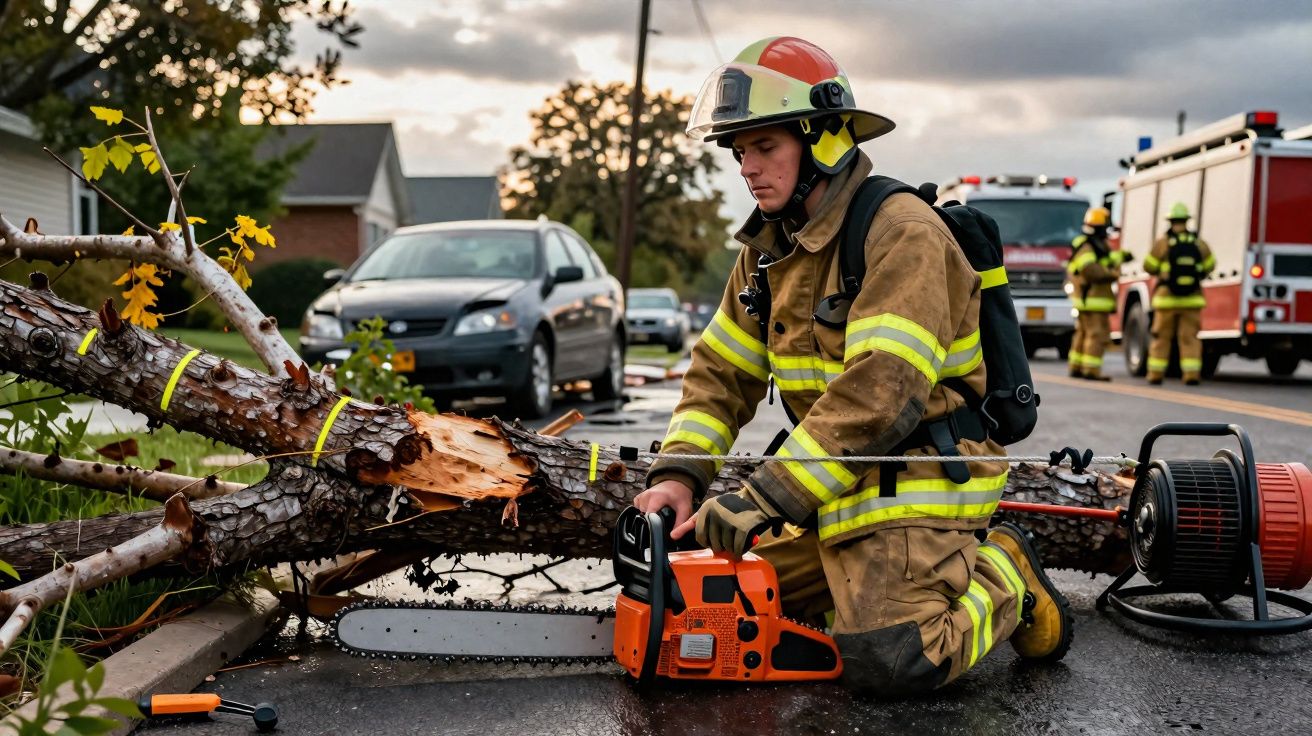 Bombeiro equipado a usar motosserra para cortar árvore caída numa estrada, com viaturas de emergência ao fundo.
