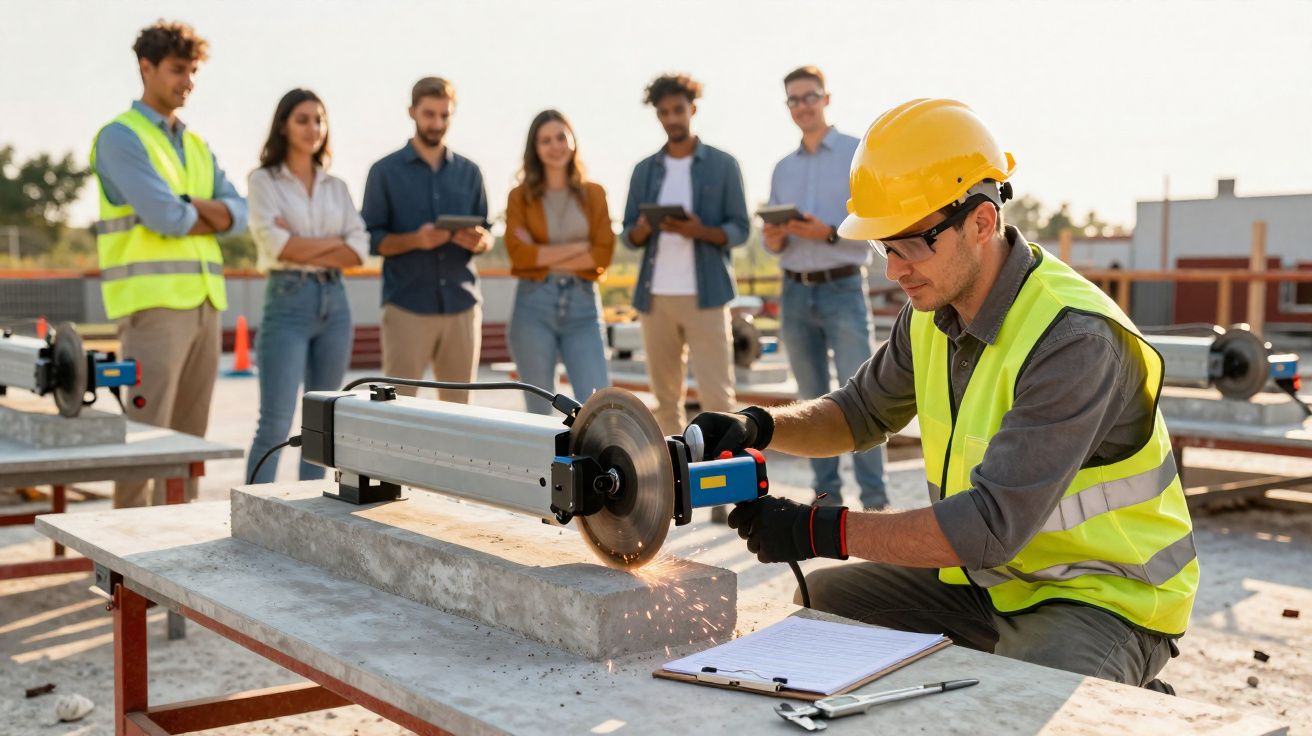 Homem com capacete a cortar pedra com serra elétrica enquanto grupo observa ao ar livre numa obra.
