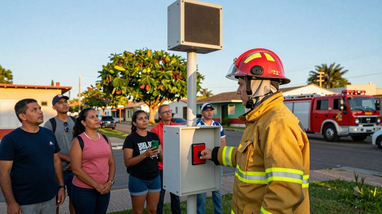 Bombeiro a ativar alarme de emergência durante treino com grupo de pessoas em rua residencial.
