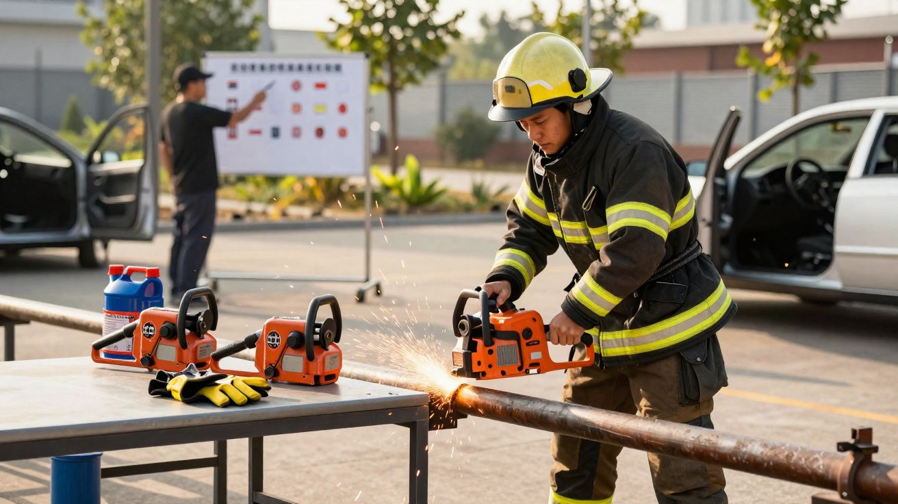 Bombeiro em equipamento a cortar tubo metálico com ferramenta elétrica, com faíscas a saírem do corte.