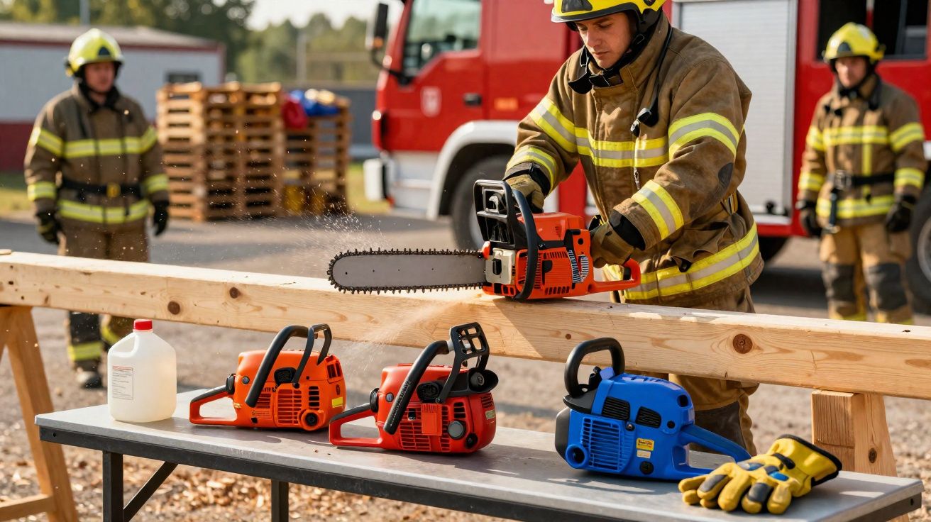 Bombeiros em treino a usar motosserras para cortar madeira ao ar livre, com camião de bombeiros ao fundo.