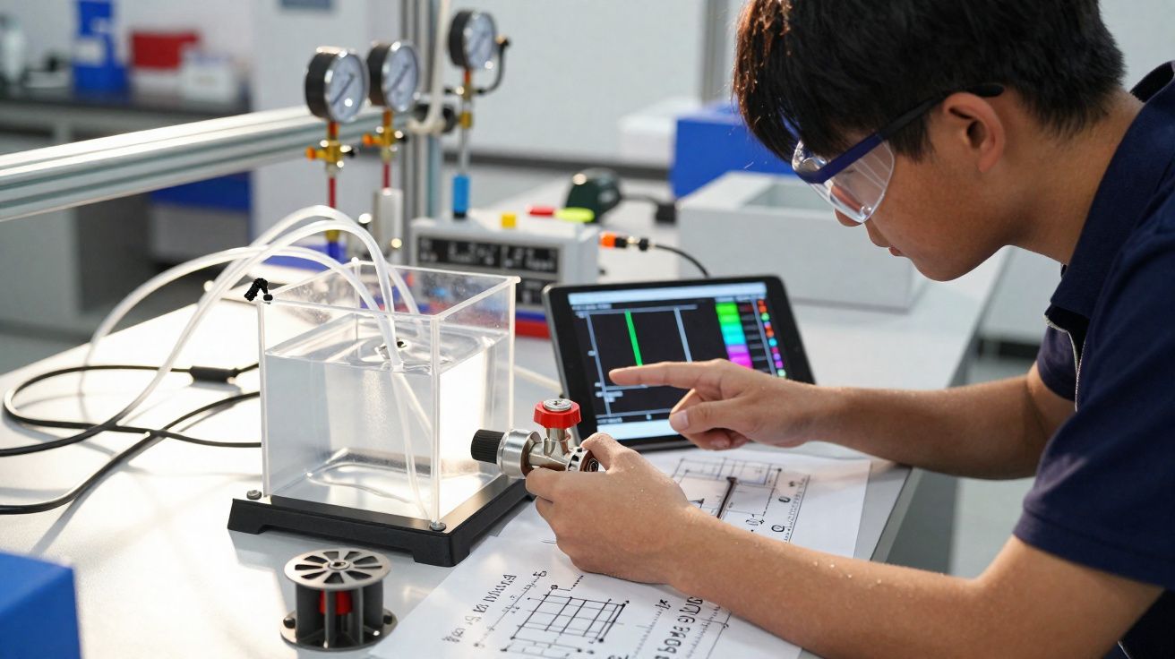 Homem a realizar experiência científica com tubos, medidores e monitor num laboratório moderno.