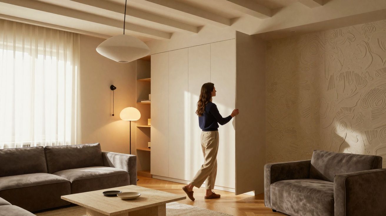 Mulher abre armário branco numa sala de estar moderna com sofás cinzentos e iluminação suave natural.