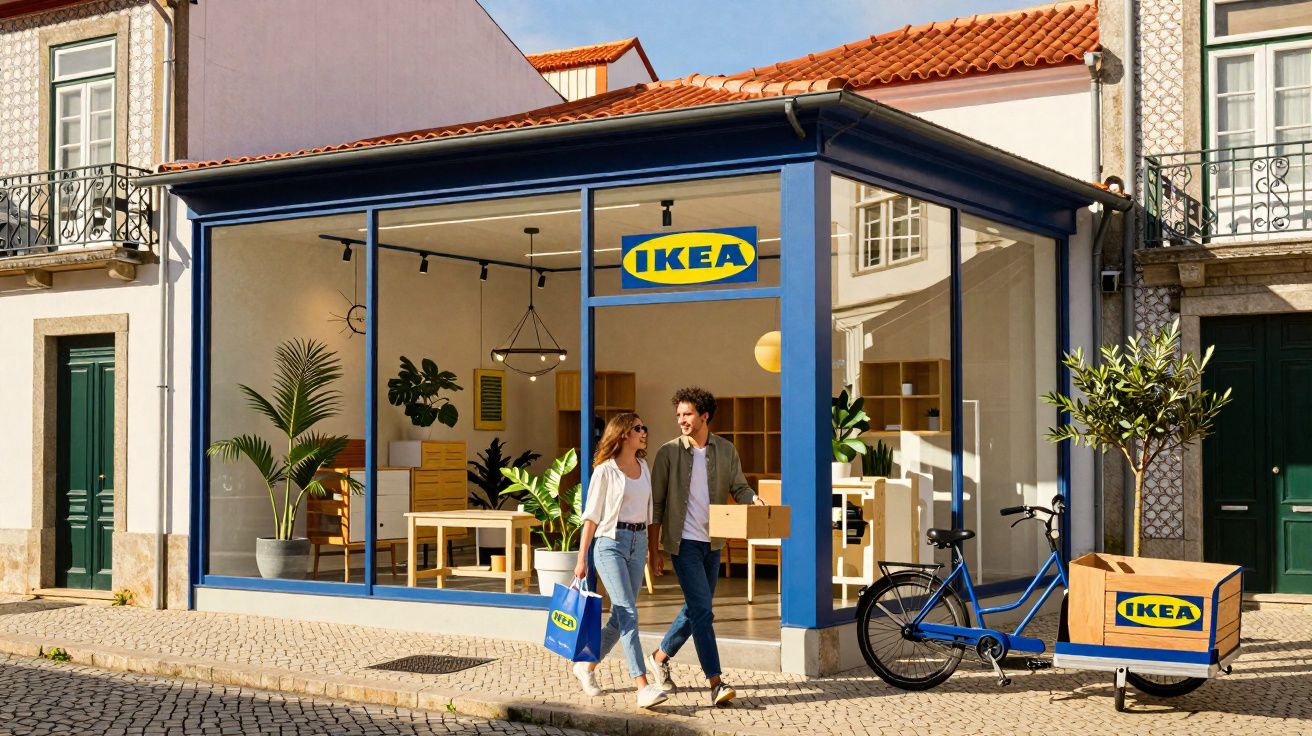 Loja IKEA com montra ampla, casal jovem a sair com sacos de compras e carrinho de bicicleta na rua de pedras.