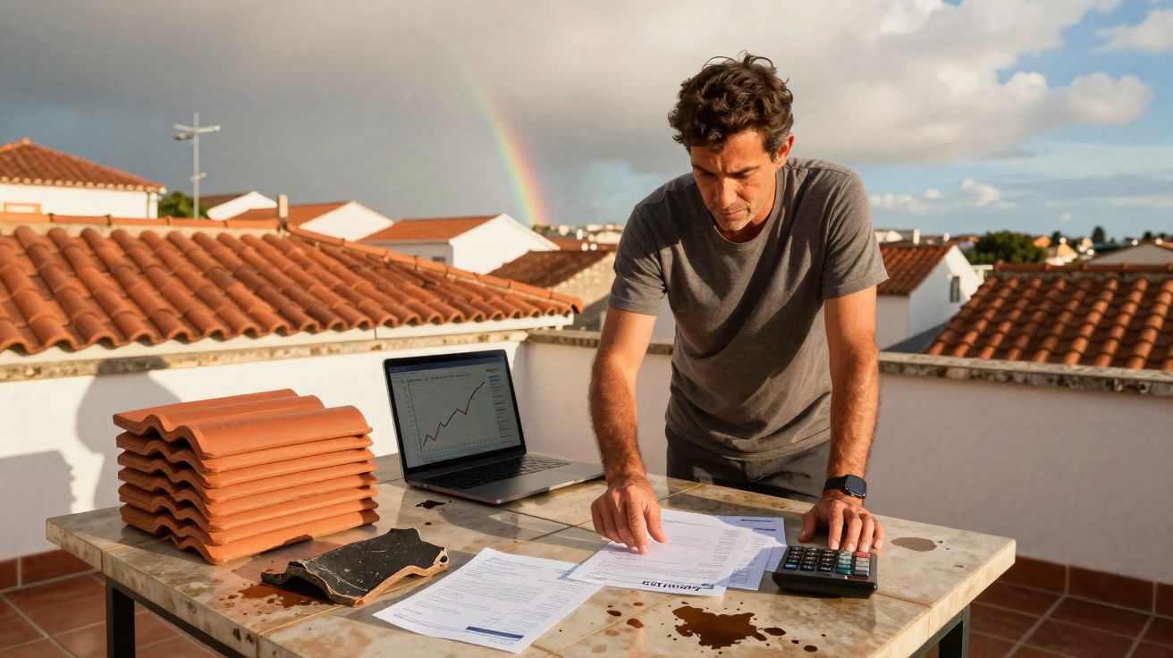 Homem a calcular despesas com documentos, calculadora e computador numa varanda com telhados e arco-íris ao fundo.