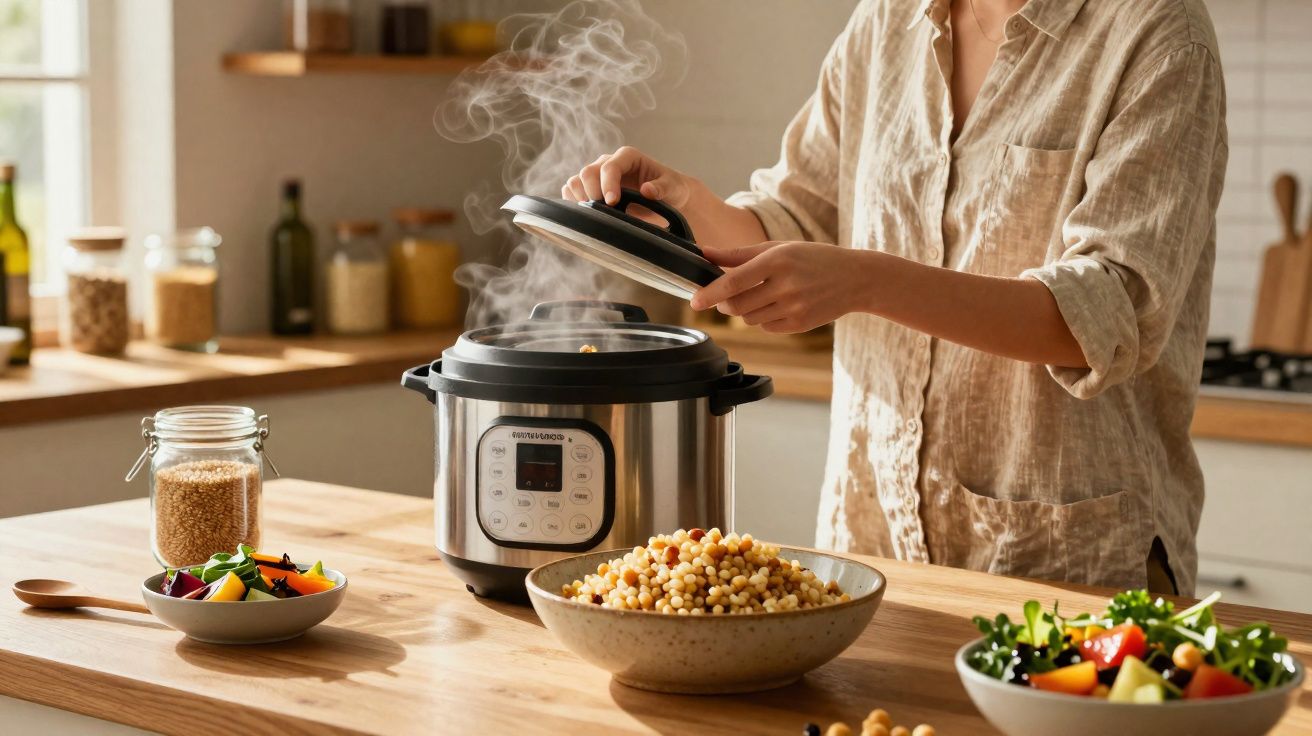 Pessoa a abrir tampa de panela elétrica com vapor, perto de tigelas de salada e grãos na cozinha.