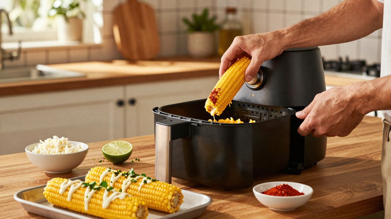 Mãos a retirar espiga de milho cozida de airfryer numa cozinha moderna com milho temperado numa travessa.