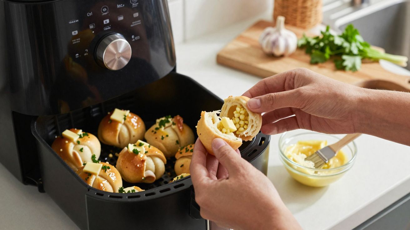 Mãos a preparar pão recheado com milho e manteiga para colocar numa fritadeira elétrica numa cozinha iluminada.