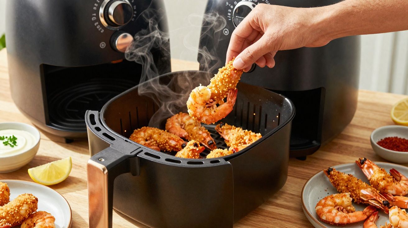 Camarões fritos na airfryer a serem retirados com a mão, rodeados por pratos e molhos numa mesa de madeira.