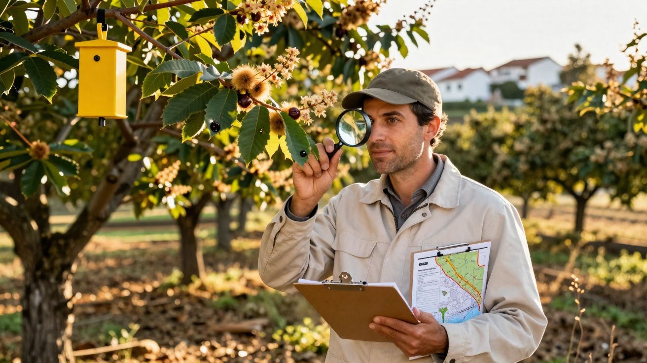 Homem a observar folhas e flores numa árvore com lupa enquanto segura um caderno numa plantação.