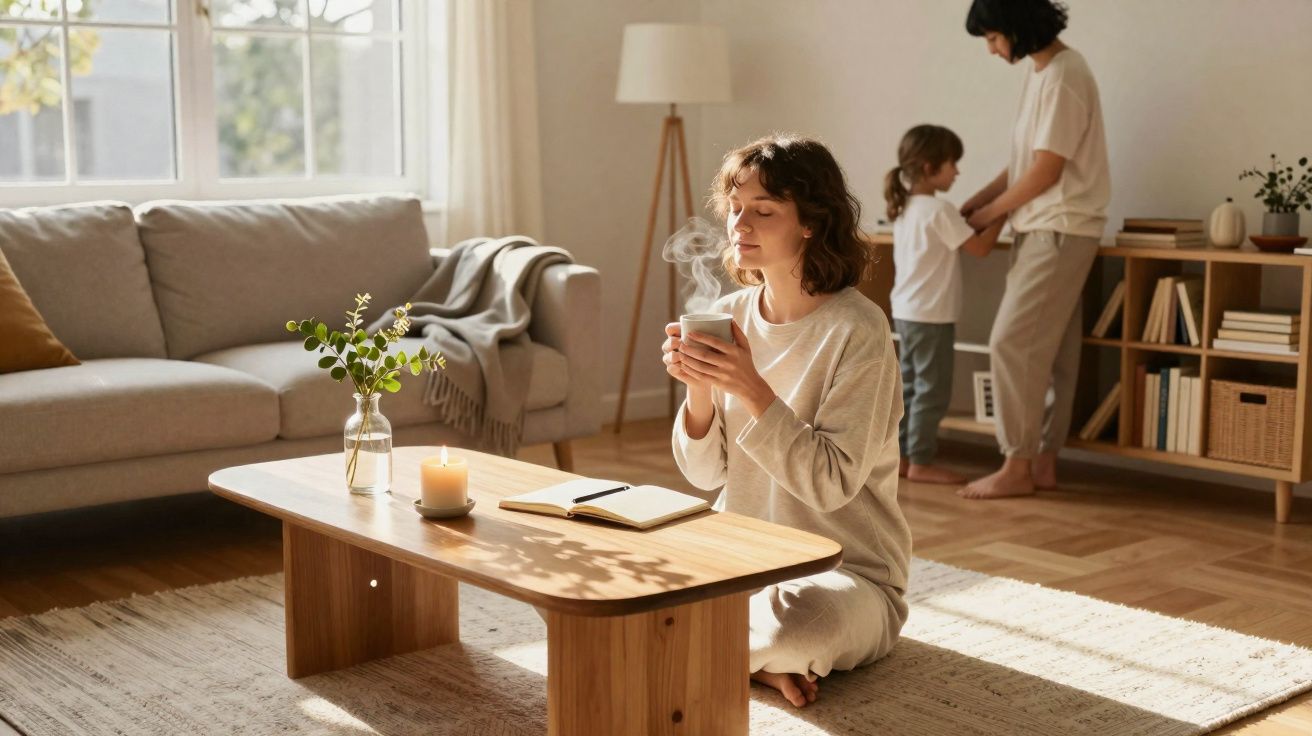 Mulher sentada no chão com chá quente, criança e adulto ao fundo numa sala acolhedora e iluminada.