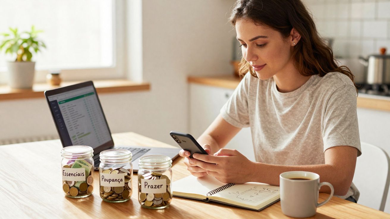 Mulher a organizar finanças pessoais com frascos etiquetados e a consultar o telemóvel à mesa da cozinha.