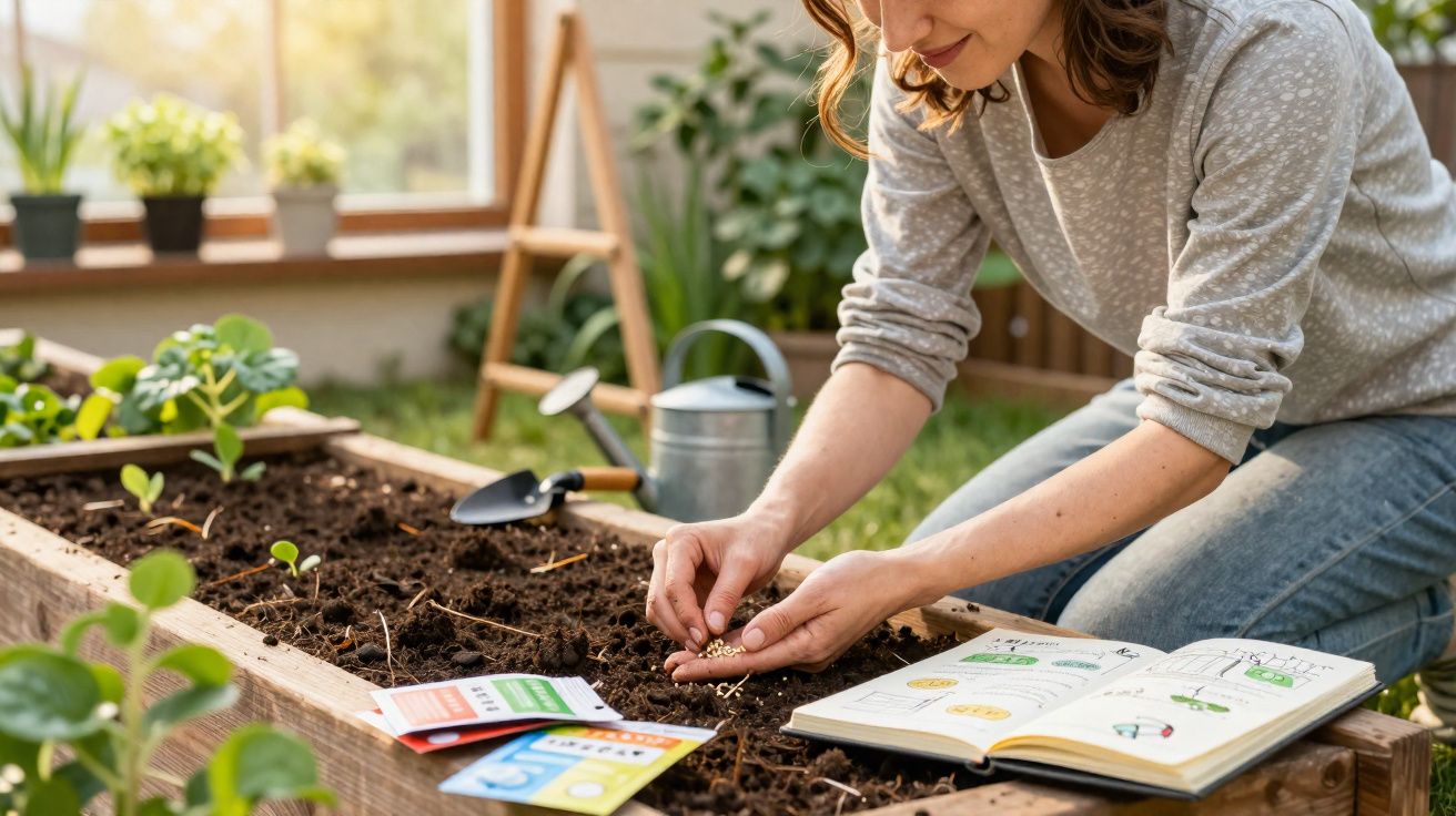 Mulher a semear sementes numa horta com livro de instruções, pacotes de sementes e regador ao lado.