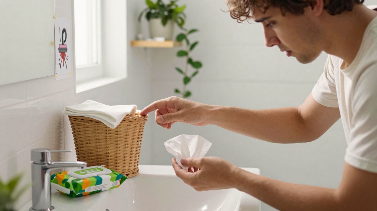 Homem a apanhar um lenço no lavatório numa casa de banho luminosa com plantas decorativas.