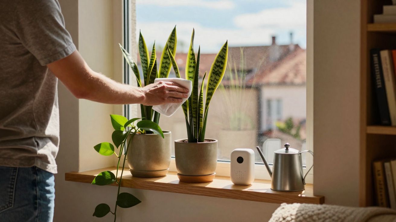 Pessoa a limpar folhas de plantas na janela de uma sala com luz natural e objetos decorativos.