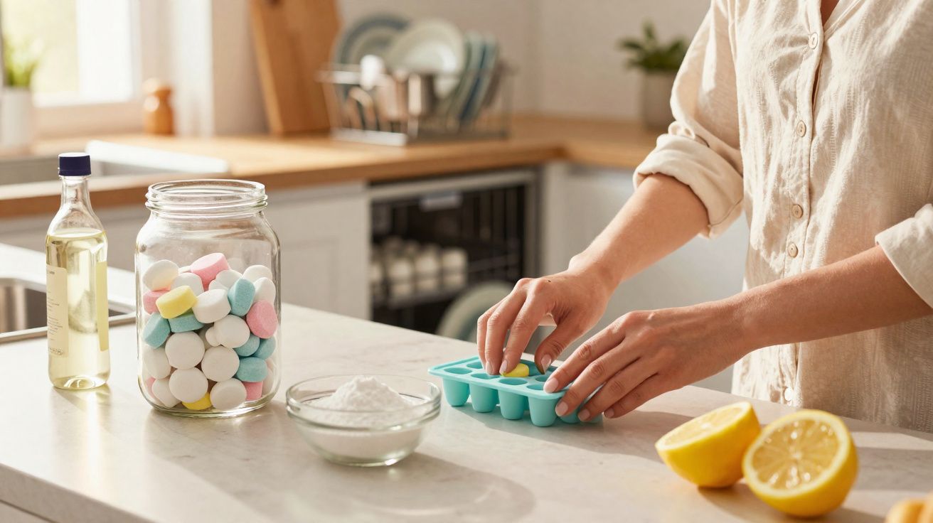 Pessoas colocando pastilhas coloridas numa forma de gelo azul, com ingredientes numa bancada na cozinha iluminada.